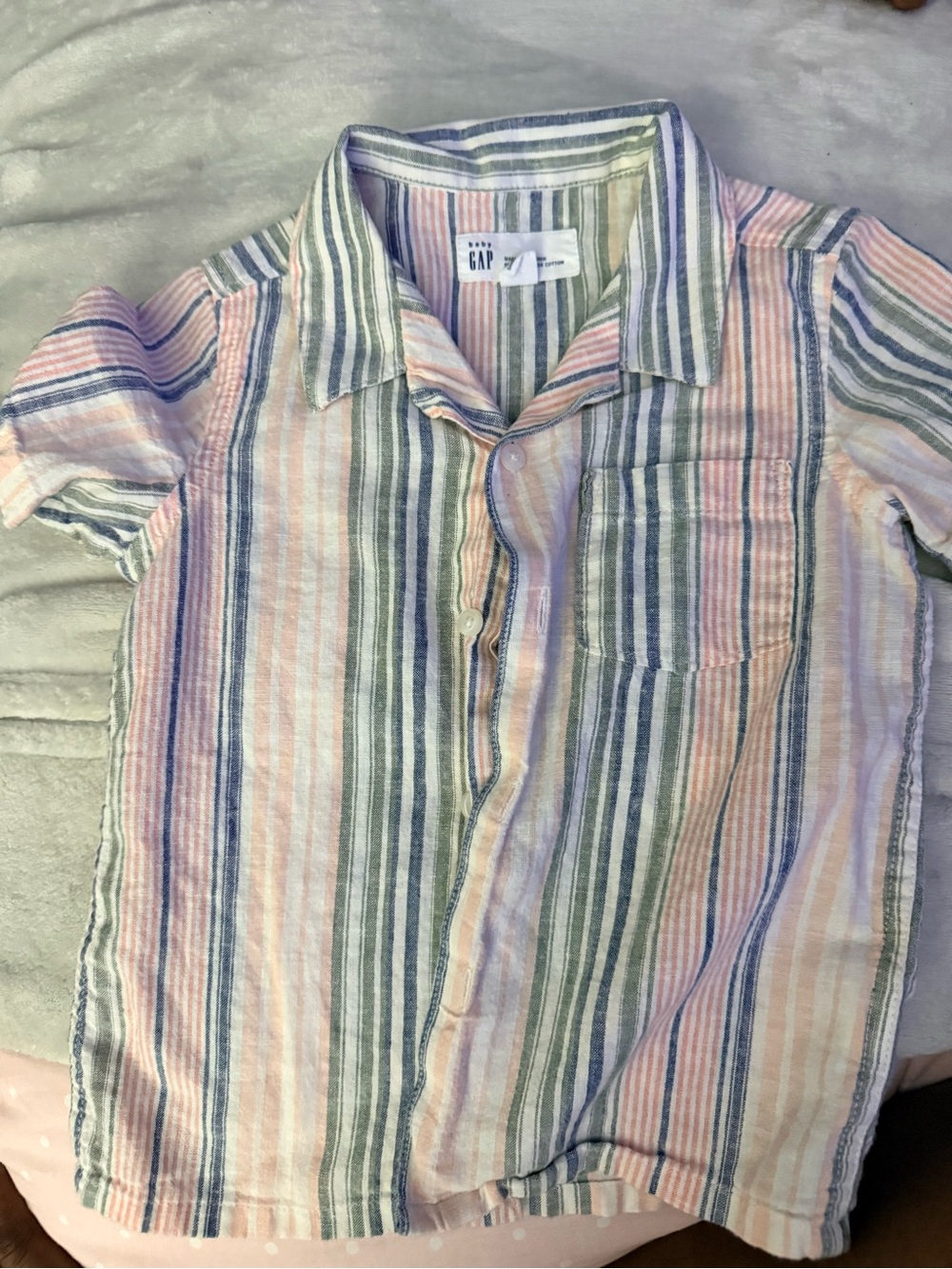 GAP Striped Short-Sleeve Button-Down Shirt in Pink, Green & Blue
